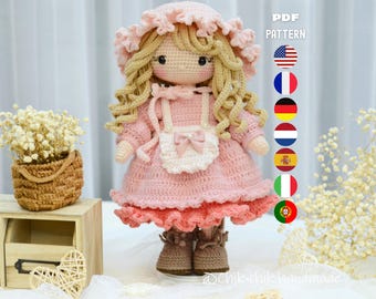 Rosie the Maid Crochet Doll Pattern, Amigurumi Girl Doll, PDF Tutorial (En/Fr/De/Es/Nl/It/Br)