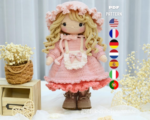 Rosie the Maid Crochet Doll Pattern, Amigurumi Girl Doll, PDF Tutorial (En/Fr/De/Es/Nl/It/Br)
