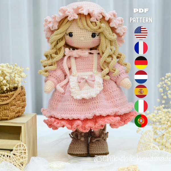 Häkelanleitung Rosie the Maid, Amigurumi Girl Doll, PDF Anleitung (En/Fr/De/Es/Nl/It/Br)