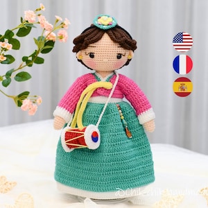 Crochet Korean Girl Pattern, Amigurumi Doll Pattern, HANA the drummer, PDF in English, Français, Español