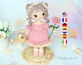 Crochet Doll Pattern, Clara the Carnation Girl, Amigurumi Doll Pattern, PDF Tutorial (En/Fr/De/Es/Nl/It)