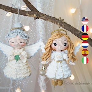Schema all&#39;uncinetto per ornamenti a forma di angelo, Cloverine e Melina Amigurumi, bambola angelo custode, tutorial PDF facile (En/Fr/De/Esp/It/NL)