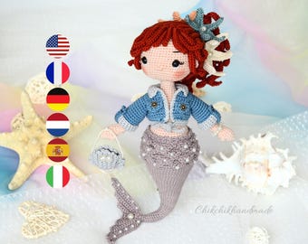 Mermaid Doll Crochet Pattern, Amigurumi Doll Mermaid Pearlyn, PDF Tutorial (En/Fr/De/Es/Nl/It)