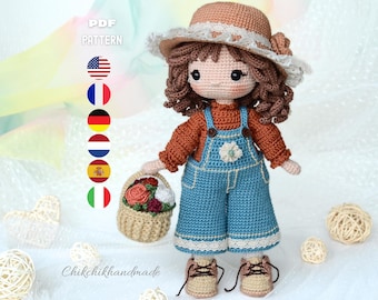 Padrão de crochê para boneca Little Cathy, boneca amigurumi com macacão e cesta de flores, tutorial em PDF (En/Fr/De/Es/It/Nl)