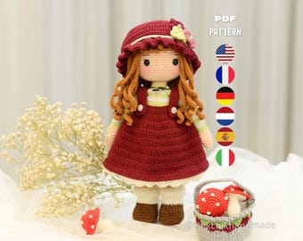 Annie Crochet Doll Pattern, Amigurumi Doll with Mushroom Basket, PDF Tutorial (En/Fr/De/Es/Nl/It)