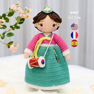 Modèle de poupée au crochet fille coréenne, poupée Amigurumi HANA la batteuse, tutoriel PDF (en/fr/es)