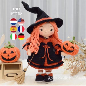 BEATRIX the Little Witch, Halloween Amigurumi Doll Crochet Pattern, PDF Tutorial (En/Fr/De/Es/Nl/It)