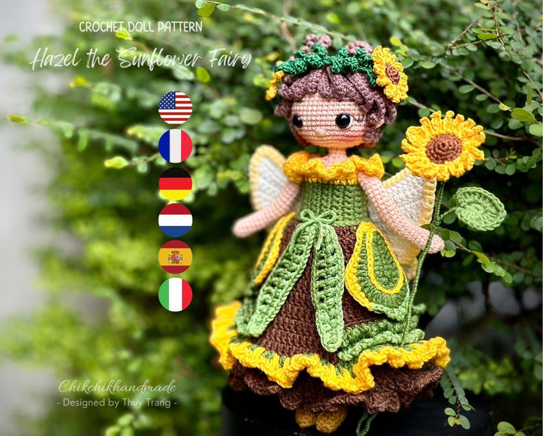 Sunflower Fairy Crochet Doll Pattern, HAZEL Amigurumi Girl Doll, PDF Tutorial (En/Fr/De/Es/Nl/It) image 10