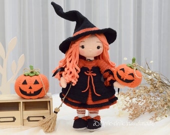 BEATRIX La Petite Sorcière Crochet Doll Pattern Amigurumi Doll Pattern PDF English, Français (Modèle de citrouilles d'Halloween inclus)