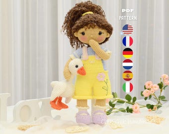 Padrão de boneca de crochê, padrão de boneca amigurumi Nancy, boneca menina com brinquedo de ganso, tutorial em PDF (En/Fr/De/Es/It/Nl)