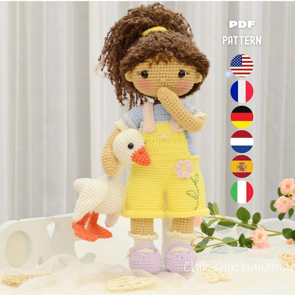 Gehaakt poppatroon Nancy, amigurumi-pop met gansspeelgoed, pdf-zelfstudie (En/Fr/De/Es/It/Nl)