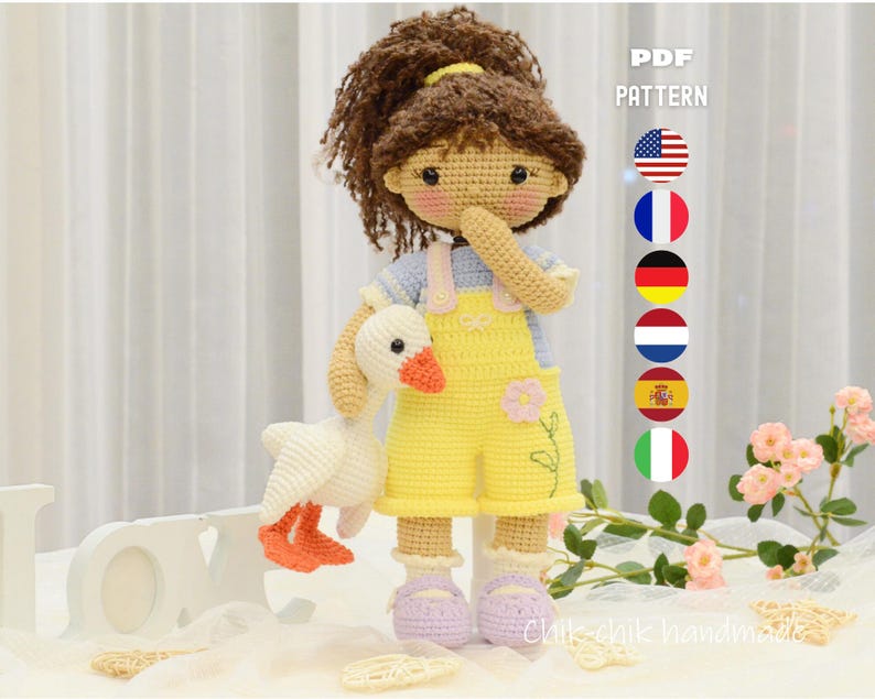 Crochet Doll Pattern, Amigurumi Doll Pattern Nancy, Girl Doll with Little Goose Toy, PDF Tutorial (En/Fr/De/Es/It/Nl) image 1