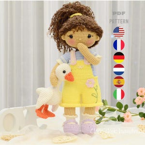 Nancy Crochet Doll Pattern, Amigurumi Girl with Goose (PDF Tutorial En/Fr/De/Esp/Br/It)