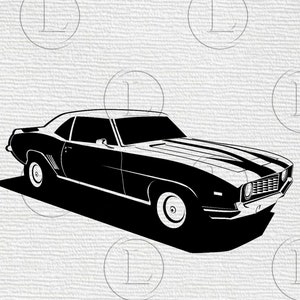 May include: Black and white illustration of a classic muscle car. The car features a sleek design with racing stripes on the hood and white-walled tires. The image is a high-contrast graphic, perfect for automotive enthusiasts.