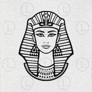 May include: A black and white graphic of an Egyptian pharaoh's face. The pharaoh wears a striped headdress with a cobra, a beaded collar, and triangular earrings. The image has a minimalist, line-art style.
