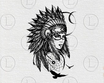 Indianer-Kopfschmuck-Svg-Datei – Indianer-Mädchen-Zeichnung – Indianer-Mädchen-Tattoo – Indianer-Mädchen-ClipArt – Svg für Cricut – für Silhouette – DXF – EPS