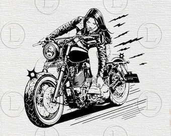 May include: Black and white illustration of a woman riding a motorcycle. The woman is wearing a leather jacket and the motorcycle has a large headlight and detailed engine components. Lightning bolt graphics are in the background.