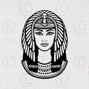 May include: Black and white graphic of a stylized Egyptian queen. The image features a detailed depiction of a woman's face, adorned with a headdress, necklace, and intricate facial details. The design is symmetrical and suitable for various applications.