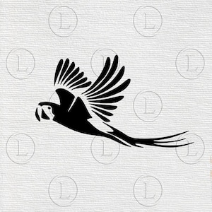 May include: A black and white illustration of a parrot in flight. The parrot is depicted with stylized wings and a long tail, set against a textured white background. The design is a silhouette, emphasizing the bird's form.