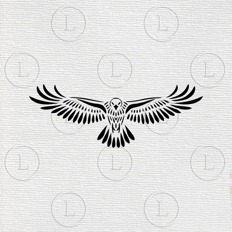 May include: A black graphic of a bird of prey with outstretched wings. The bird is depicted in a stylized, symmetrical design, with detailed feather patterns. The image is set against a textured, off-white background with repeating circular patterns.