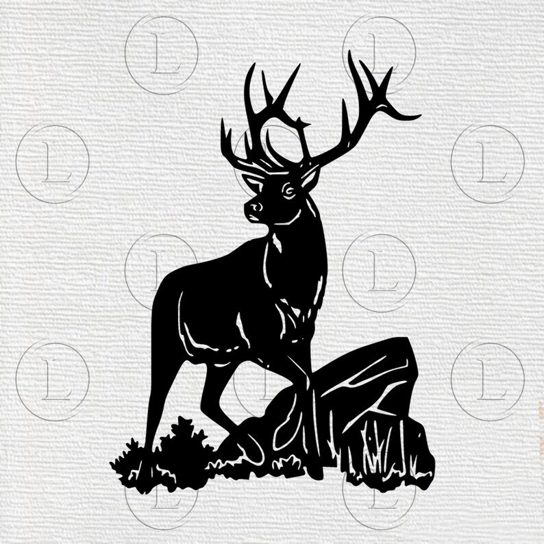 May include: Black silhouette of a stag with large antlers, standing on a rock formation. The deer is depicted in a side profile, with detailed antlers and a proud stance. The artwork is set against a textured white background.