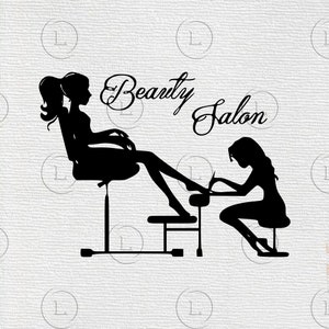 May include: Black silhouette of a beauty salon scene. A woman sits in a chair while another works on her feet. The words "Beauty Salon" are written in cursive above the figures.