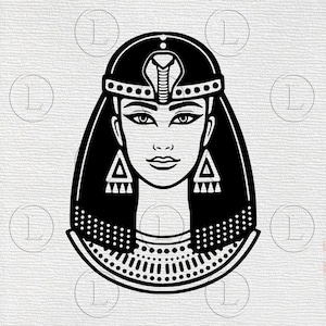 May include: Black and white graphic of an Egyptian queen. The queen is depicted with a stylized face, wearing a headdress with a cobra, earrings, and a beaded collar. The image has a minimalist design.
