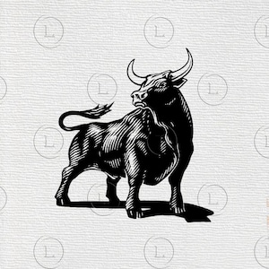 May include: A black and white illustration of a bull in a standing position, facing to the side. The bull has large curved horns and a detailed, textured body. The image is a graphic design, likely for a logo or emblem.
