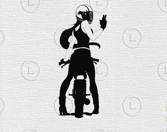 May include: Black and white silhouette of a person on a motorcycle, wearing a helmet and gloves, giving a peace sign. The person is wearing a tank top and boots. The motorcycle is also black.