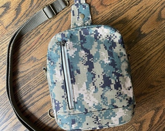 Military Camo Sling Backpack Crossbody Bag, Digital Camouflage, NWU Navy Blue, Woodland Green, Urban Black, AOR2 Navy Green