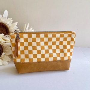 Golden Checkered Zipper Pouch, Checkered Makeup Bag, All Purpose Zipper Pouch