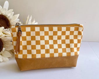 Golden Checkered Zipper Pouch, Checkered Makeup Bag, All Purpose Zipper Pouch
