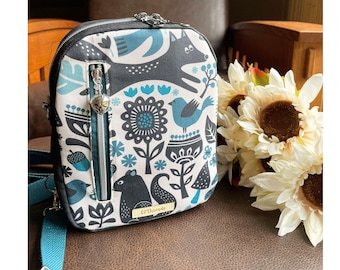 Summer Sling Bag Convertible Crossbody Backpack option Whimsical Forest Animals  Scandinavian Block Print Teal Black White Waxed Canvas