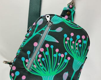 Denim Crossbody Bag Sling Pack Perfect Size  Eucalyptus Print Phone Pocket