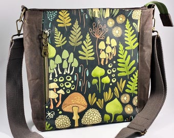 Mushroom Crossbody Bag Waxed Canvas Pockets Phone Pocket Zipper Closure Mushroom Lover Gift
