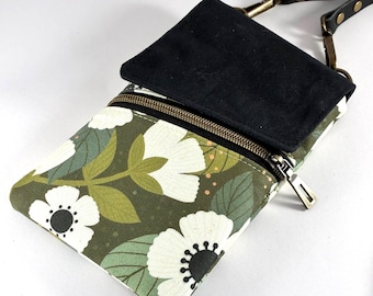Phone Crossbody Bag Green Floral Blooms Pouch Waxed Canvas Zipper Pocket and Credit Card Pockets