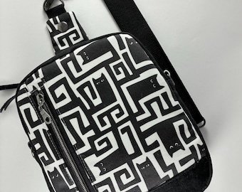 Waxed Canvas Crossbody Bag Sling Pack Perfect Size Cat Print Phone Pocket