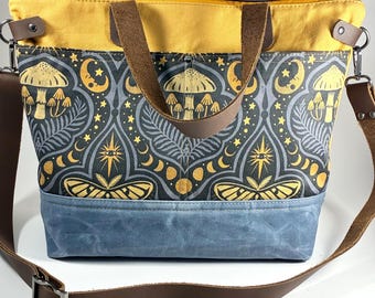 Crossbody Bag with Leather Strap Handles Zippered Top Closure Pockets Celestial Mushroom Gothic Night Waxed Canvas and Canvas