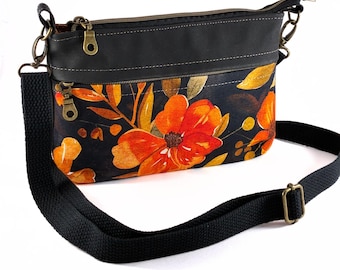 Crossbody Bag Black and Orange Fall Floral Zipper Closure Fall Summer Mini Bag