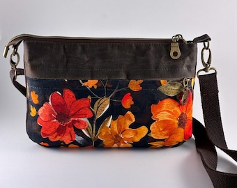 Crossbody Waxed Canvas Floral Zipper Closure Fall Summer Mini Bag