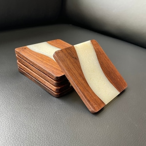 Dark Walnut Epoxy River Coasters/ White Mica/ Set of Five