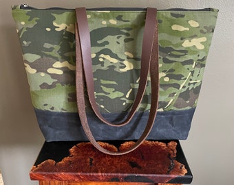 Military Multicam Tropic Tote bag, Leather Handles, Wax Canvas Base