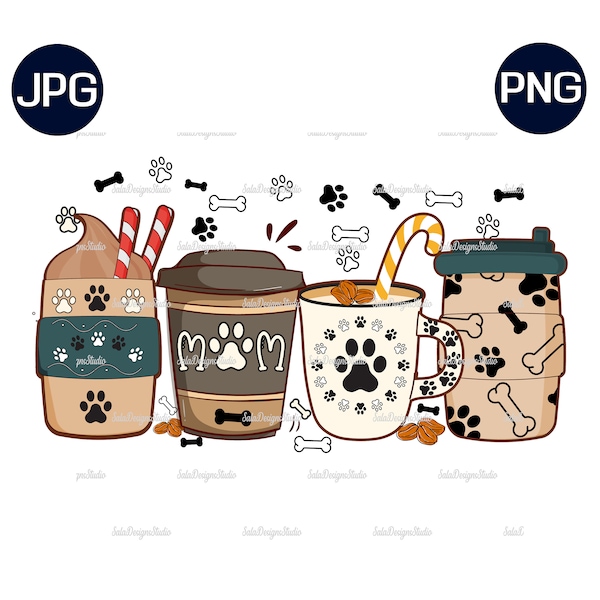 Dog mom coffee lover PNG, warm cozy winter PNG, Dog Mom coffee Latte, latte iced coffee dog mom pet animals paws digital Sublimation design