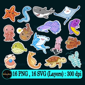 Lindo paquete SVG de animales marinos, lindo pez svg, tiburón clip art, ballena svg, tortuga svg, pulpo svg, estrella de mar svg, vida oceánica svg, caballito de mar svg