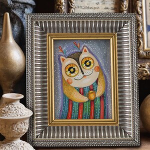 Peinture à l'huile originale charmante chouette-chat « L'esprit du thé de conifères »