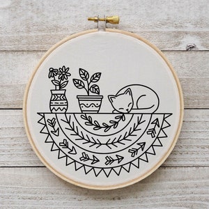 Sleeping Cat Embroidery Cat Plants Hand Embroidery Boho Cat Hand Embroidery Pattern Cat Hoop Art PDF Instant Download