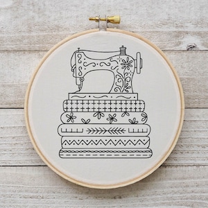 Sewing Machine Embroidery Pattern Stacks of Fabric Embroidery Sewing Room Embroidery Pattern Vintage Sewing Embroidery PDF Instant Download