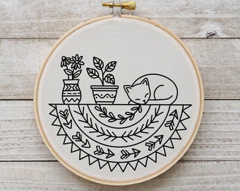 Sleeping Cat Embroidery Cat Plants Hand Embroidery Boho Cat Hand Embroidery Pattern Cat Hoop Art PDF Instant Download