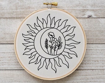 Sun Moon Embroidery Pattern Moon Flower Embroidery Celestial Embroidery Pattern Hand Embroidery Pattern Instant Download