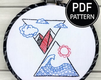Mountain and Sea Embroidery Pattern- Mountain Embroidery Pattern - Wave Pattern- Embroidery Kit -Hand Embroidery Pattern- Line Art